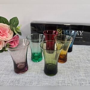 Vintage Bombay Multicolor Etched Glass Shot Glasses (Set of 6) With‎ Box